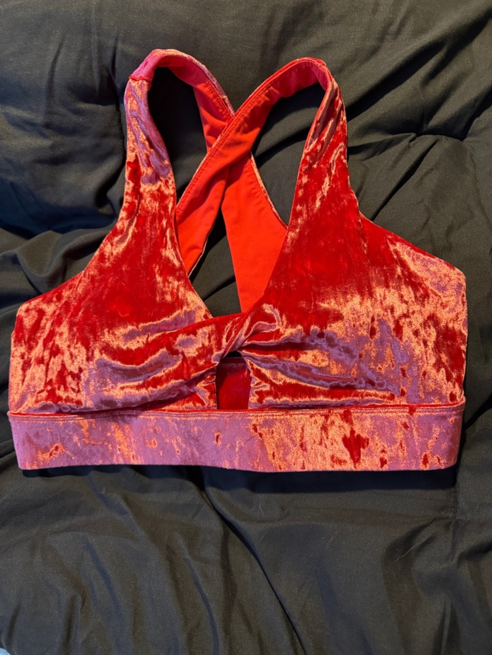 Fabletics Coral Red Crushed Velvet Crisscross Bralette - removable pads